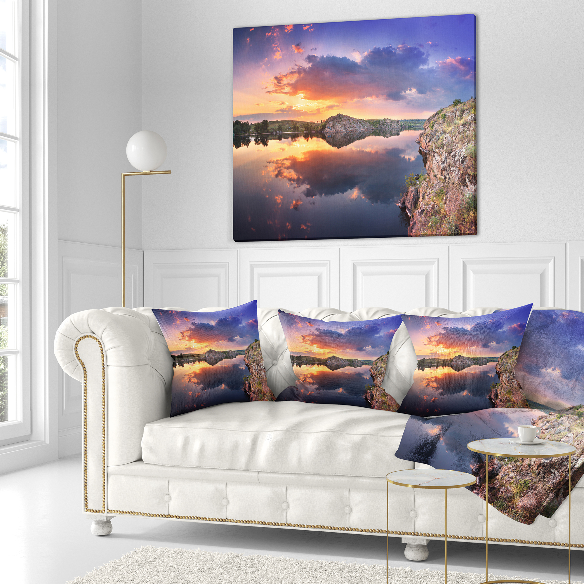 Designart Sunset at River with Large Clouds - Landscape Photography Throw Pillow - 18x18