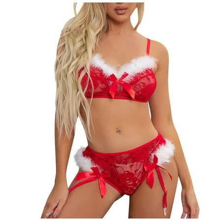 

Knosfe Women Bow Two Piece Lingerie V Neck Lace Bra Panties Set Pajamas Set L