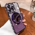 thumbnail image 2 of (Double Row Diamond Bumper ) ( Make Up Mirror )Magnetic Kickstand Case for iPhone 15 14 13 12 Pro Max Sparkle Cover Shiny Rhinestone Bling Cases (Purple,for iPhone 15 Pro), 2 of 14