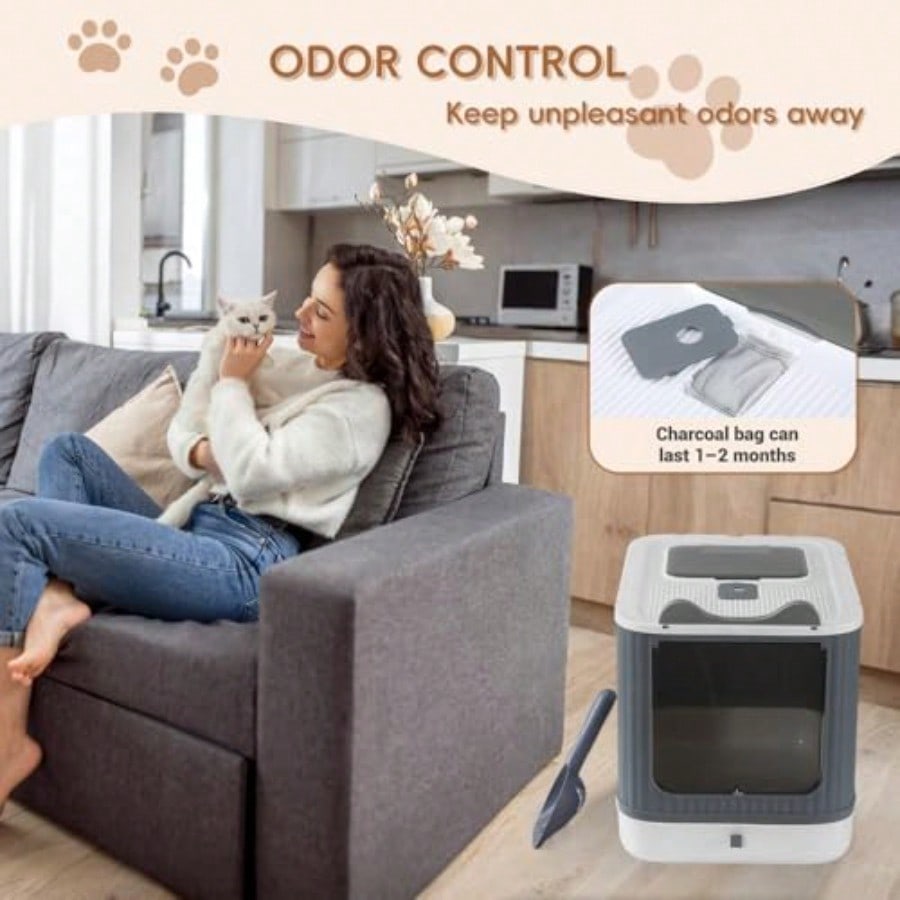 Foldable Cat Litter Box Fully Enclosed Litter Box with Lid Covered Kitty Kitten Litter Boxes Enclosure with Scoop Odor Control Easy to Clean 3 Modes for Cat up to 12 lbs WhiteGrey