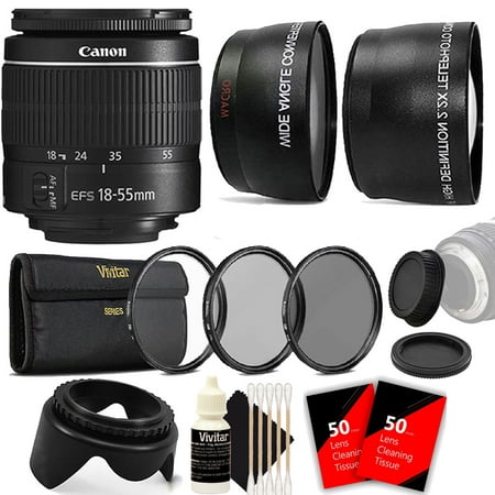 Canon EF-S 18-55mm III f3.5-5.6 Camera Lens with Fisheye and Telephoto Lens Attachments, Tulip Lens Hood, Replacement Camera Front and Rear Lens Caps for Canon Digital Camera