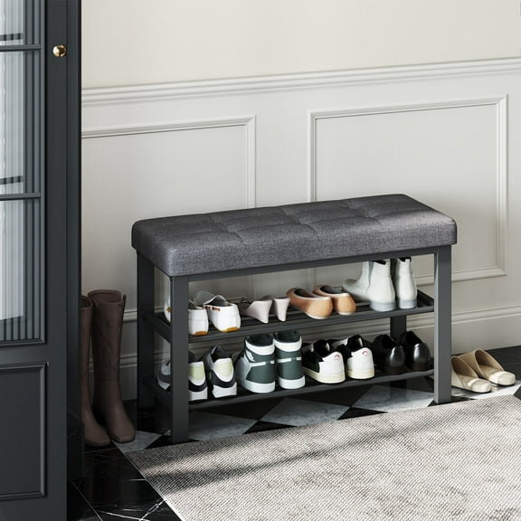 LEDREM Shoe Bench with Cushion, 2-Tier Entryway Shoe Rack Organizer, Holds 8 Pairs, Dark Gray and Ink Black