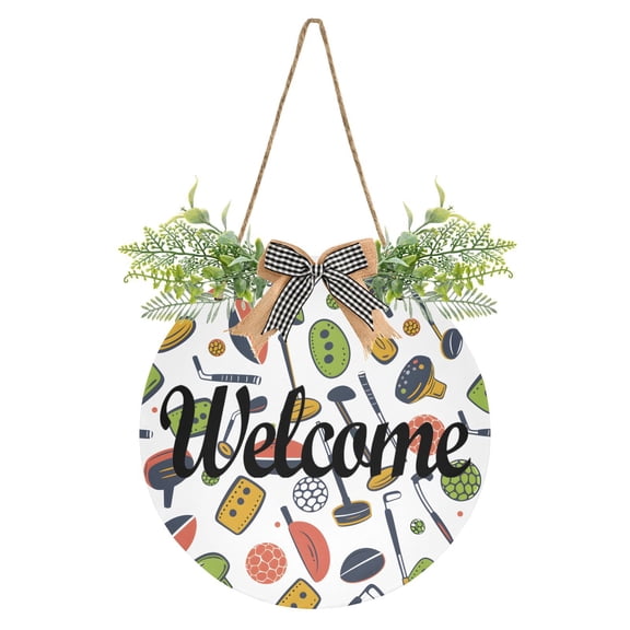 Golf Balls Welcome Sign for Front Door Wreath Door Sign for Farmhouse Porch Decoration Indoor Outdoor