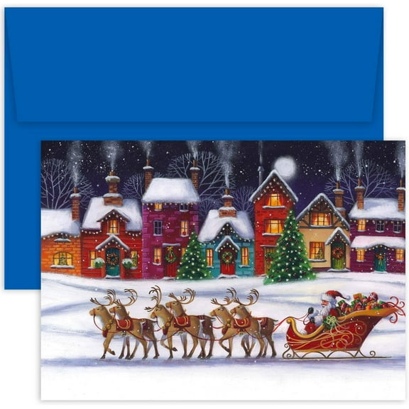 Hollyville 16-Count Boxed Christmas Cards & Envelopes in Keepsake Box, 7.8" x 5.6", Santa & Sleigh (916100)