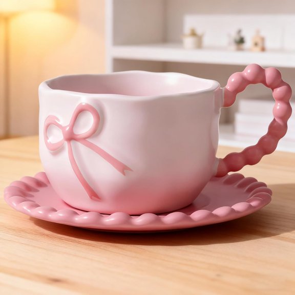 Farcauo Bow Coffee Mug Pink Coquette Coffee Mugs Set with Saucer 12 OZ Personalized Porcelain Tea Cup Bow Cute mug for Women Girl