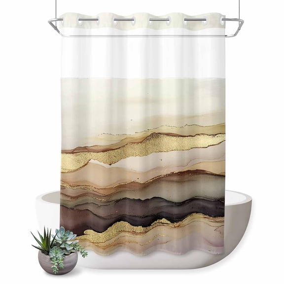 No Hook Shower Curtain, Marble Brown Gold Waterproof Fabric Shower Curtains for Bathroom, Abstract Watercolor Geometric Rock Bathroom Curtain with Mesh Top Window for Home Hotel Bathtub 60"x72"