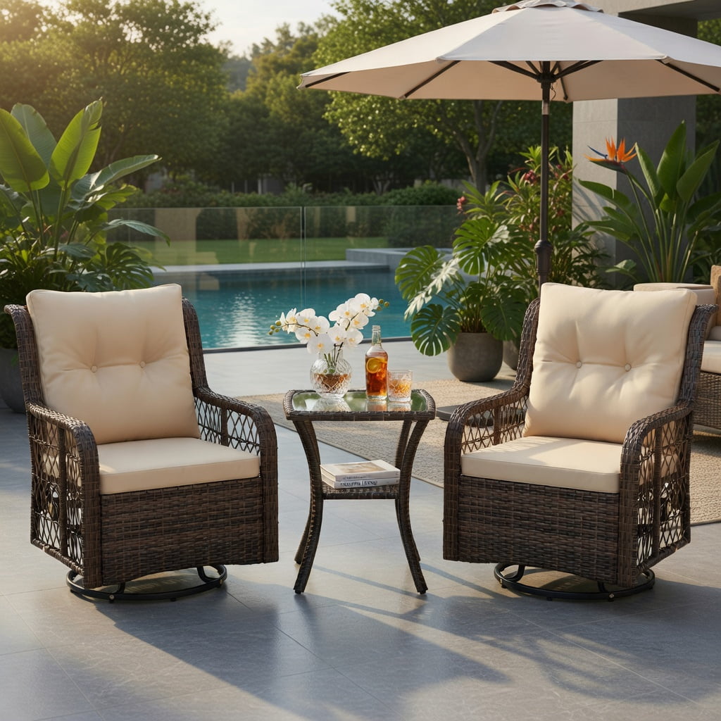 Hommoo 3-Piece PE Wicker Patio Furniture Set, Swivel Glider Chairs with 2-Tier Tempered Glass Side Table & All-Weather Cushions, Rattan Outdoor Seating for Porch, Backyard, Garden, Brown