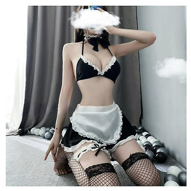 Ropa ajustada Sexy para mujer Cosplay de sirvienta uniforme sexual sujetador bragas conjunto de lenceria pecho desnudo espalda descubierta cuello colgante ropa interior porno ShuxiuWang 8390606323781 ...