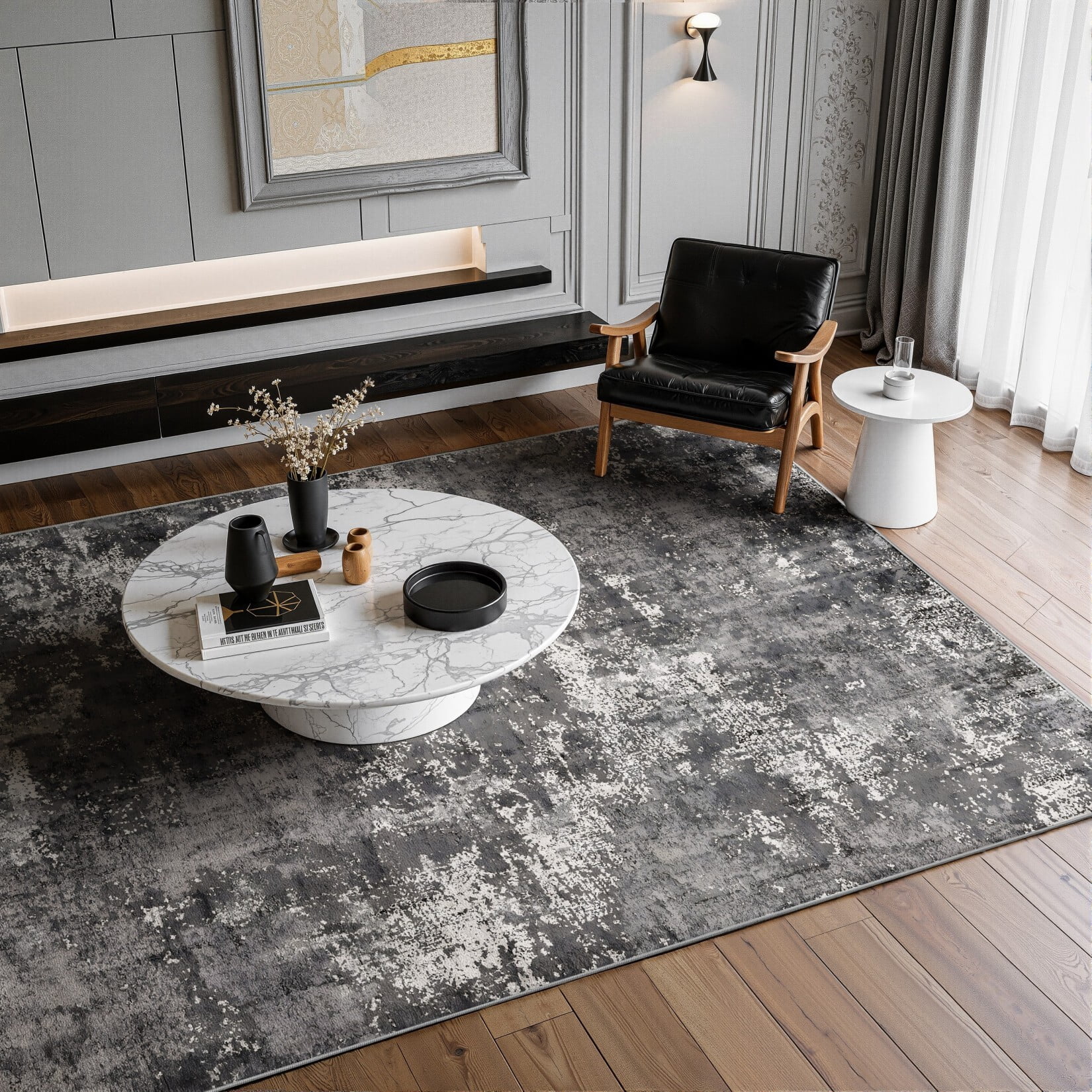 Toyoso 5x7 Modern Abstract Area Rug - Charcoal Grey & Black Carpet, 0.25" Low Pile Machine Washable Non-Slip Indoor Rug, Stain Resistant Pet Friendly Floor Mat for Bedroom & Home Office