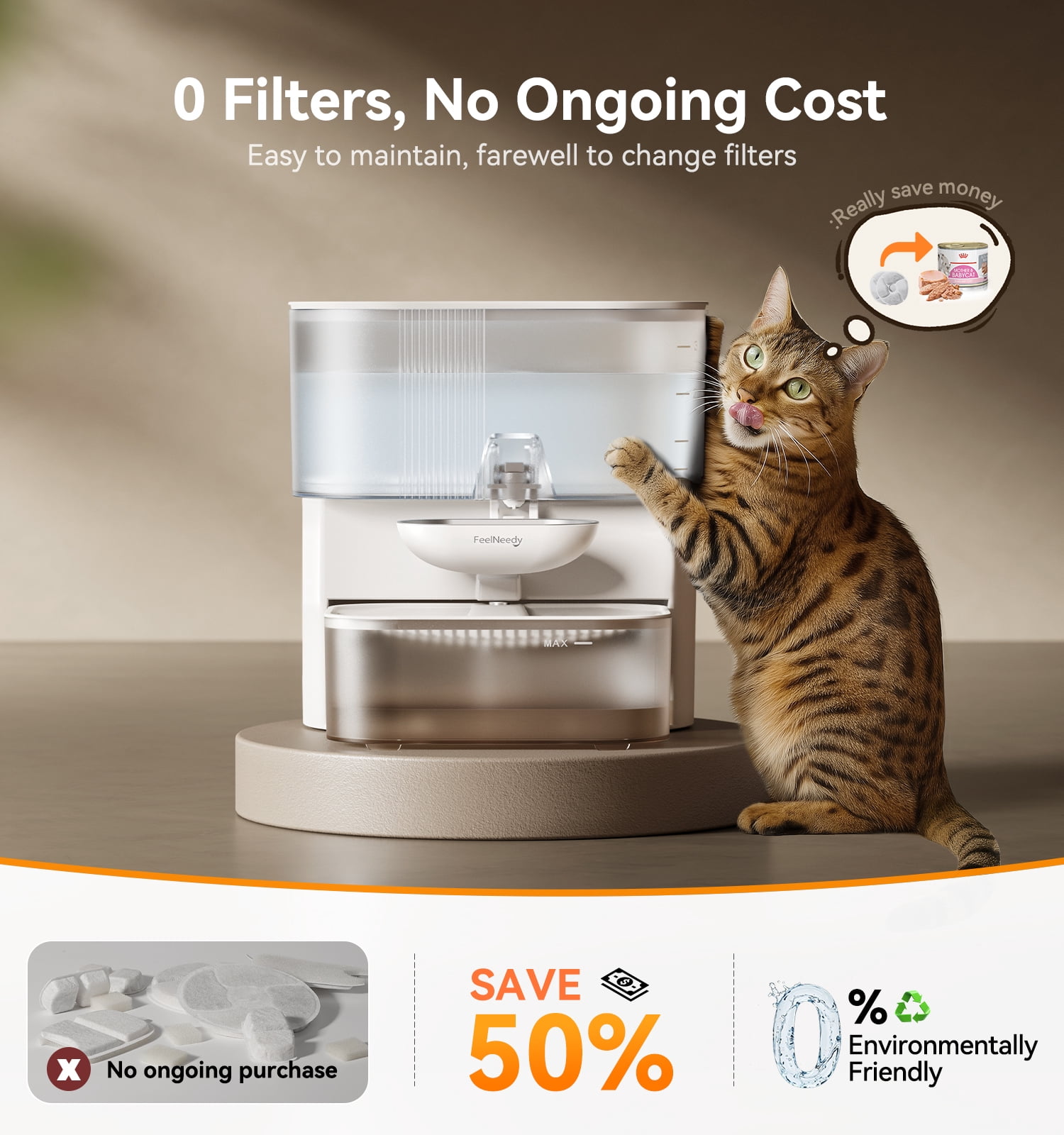FeelNeedy Smart Pet Water Fountain No Filter Needed, 3.5L/118oz Wireless Cat Water Fountain with Stainless Steel Bowl,Rechargeable Automatic Water Dispenser for Cats and Kitten, White