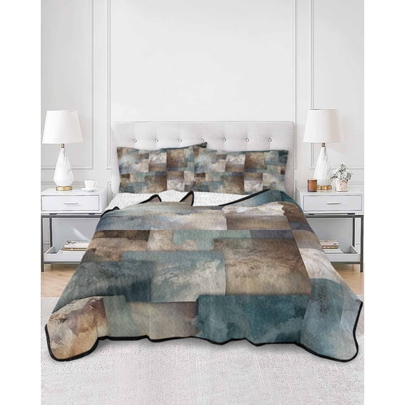 Quilts Full Size, Blue Brown Geometric Soft Comforter Bedding Set for Bed, Modern Ombre Abstract Art Lightweight Quilted Bedspread with Pillow Cover(2 Pieces) for All Season, 78x90 Inch