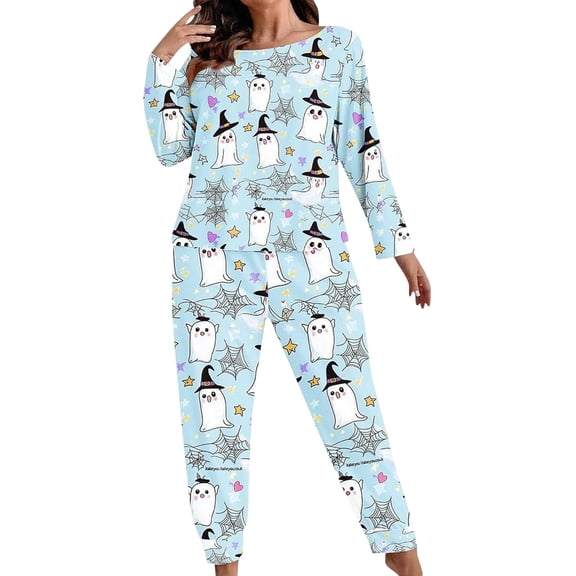RMGVDSD Womens Halloween Ghost Print Pajama Sets Long Sleeve Shirts and Long Pants Loungewear Set Soft Comfy Nightwear Sleepwear Holiday Clothes
