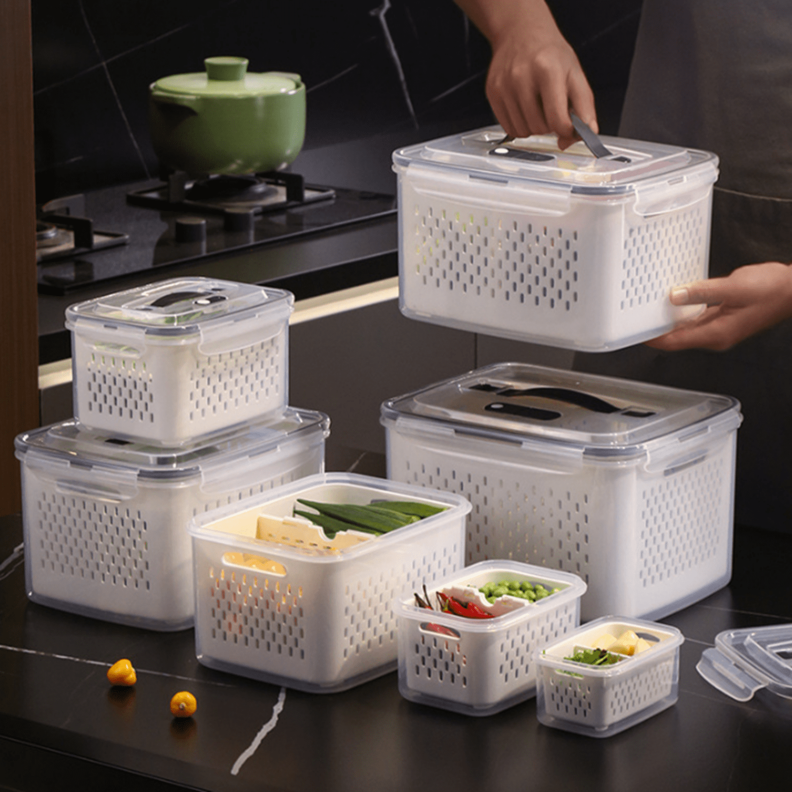 Bxaolu 4 PCS Fruit Storage Containers for Fridge with Removable Colander, Airtight Food Storage Container, Dishwasher Safe Produce Saver for Refrigerator, Keep Berry Fruit Fresh Longer