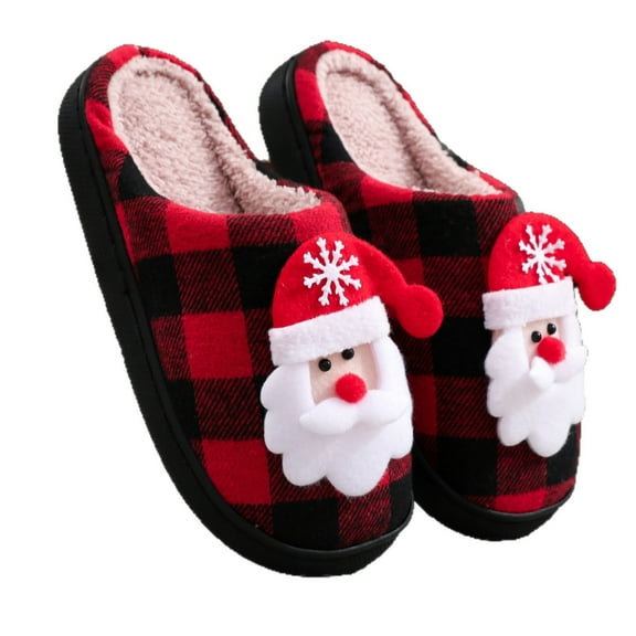 BERANMEY Christmas Slippers for Women and Men Black Red Plaid Santa Claus Pattern House Slippers with Plush Lining & Thick Sole Festive His & Hers Indoor Home Shoes