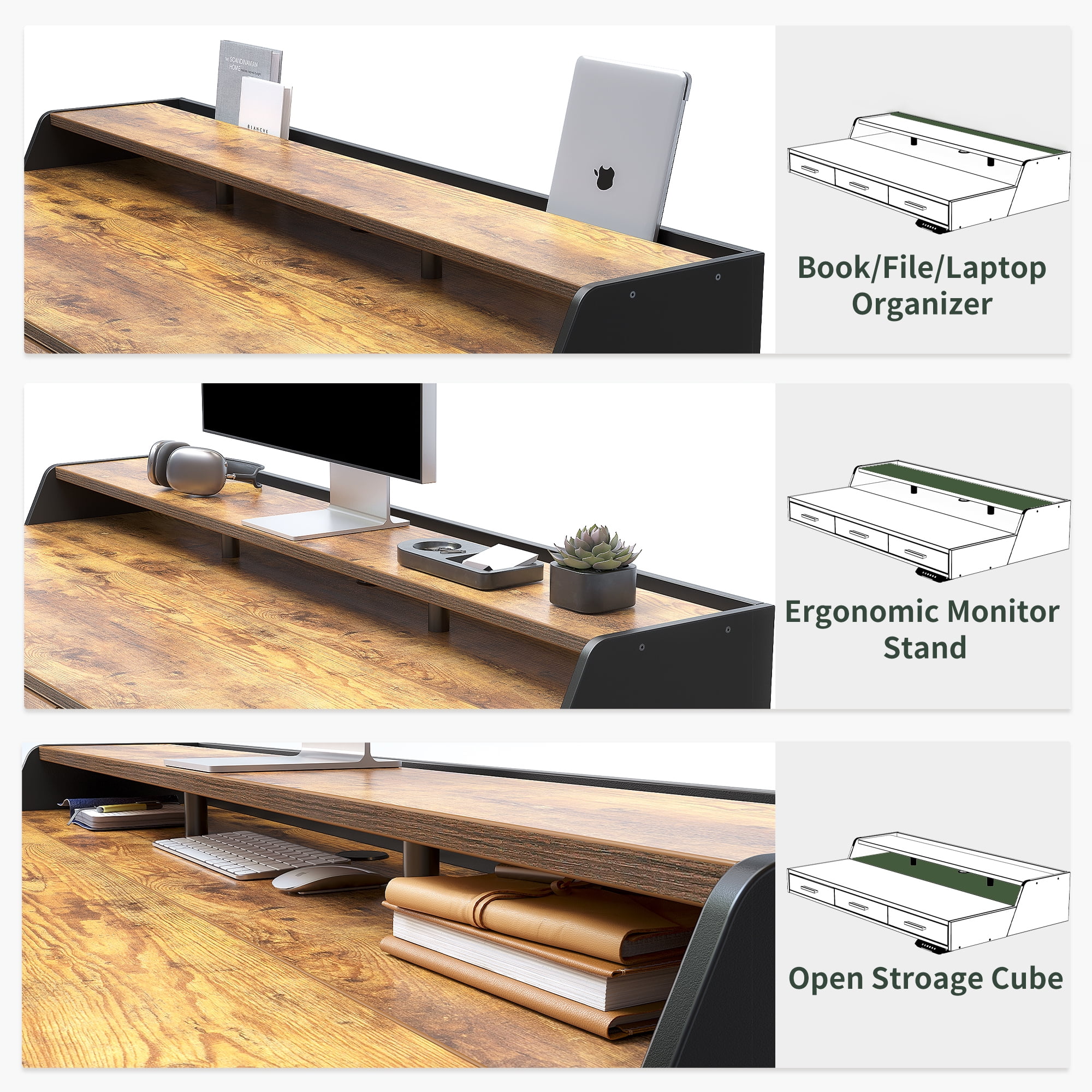 FEZIBO Electric Standing Desk with 3 Drawers & Monitor Shelves, 55 x 26 inches Sit Stand Home Office Desk, Rustic Brown