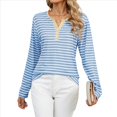 thumbnail image 2 of Camisetas de Larga A Rayas para Mujer, Informales, con Cuello en V, Bloques de Color, Corte Holgado, Básicas. Rayas Azules y Blancas M, 2 of 10