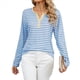 thumbnail image 2 of Camisetas de Larga A Rayas para Mujer, Informales, con Cuello en V, Bloques de Color, Corte Holgado, Básicas. Azul y XXL, 2 of 10