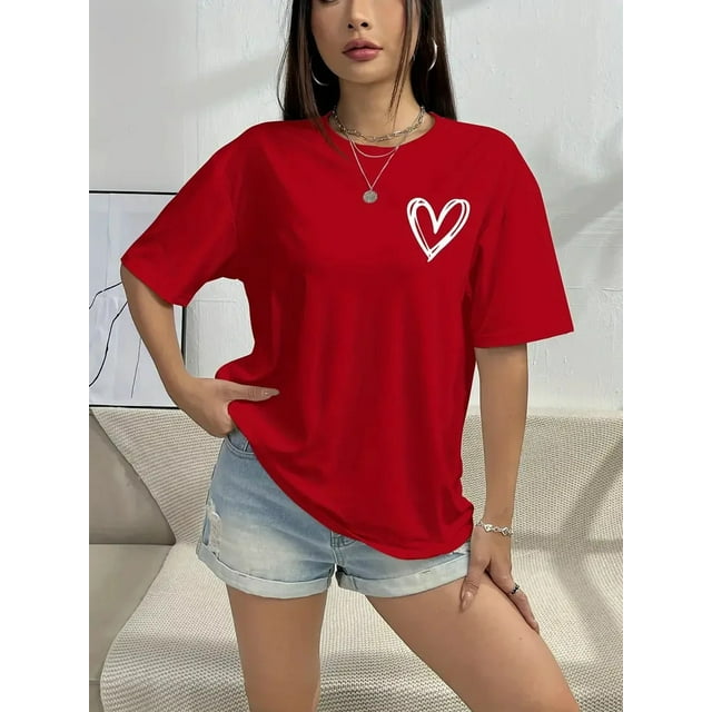 Free Shipping Women's Short Sleeve Crew Neck T-Shirt Valentine's Day Love Heart Pattern Polyester Fiber Regular Sleeve Length