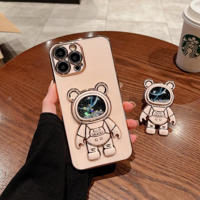 Funda de teléfono con soporte de astronauta Quicksand para iPhone 14 Pro 11 12 13 Pro Max Mini 7 8 Plus SE XR Xs Max Glitter Bear 3D Fivean unisex