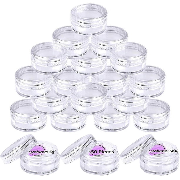 Juego de 50 frascos de muestra vacíos para cosméticos, transparentes, redondos, de viaje para cremas y polvos, muestra pequeña de 5 g/5 ml.