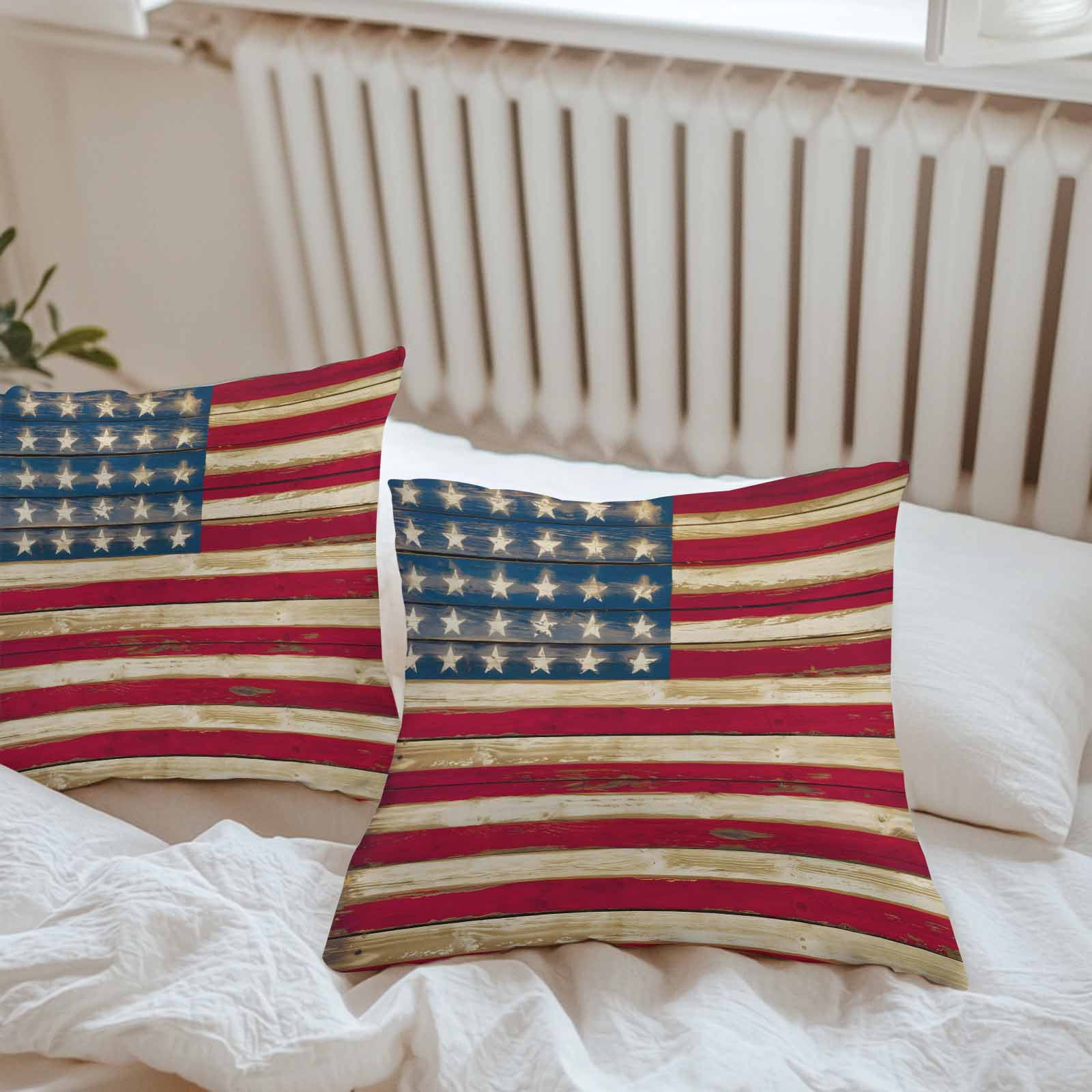 Outdoor Throw Pillows Covers 18X18 Set of 2 Waterproof Patriotic Rustic American Flag Decorative Zippered Cushion Covers for Patio Furniture, 4th of July Lumbar Pillowcases Red Blue
