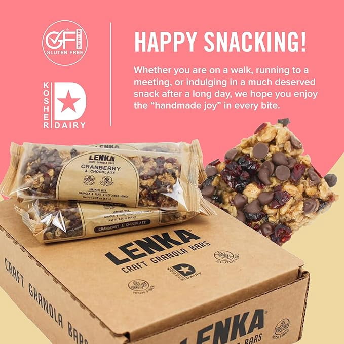 LENKA Handmade Craft Granola Bars - Cranberry Chocolate Gluten Free High Fiber - Nutritious Snack Bar with Chewy Granola - 12 Pack