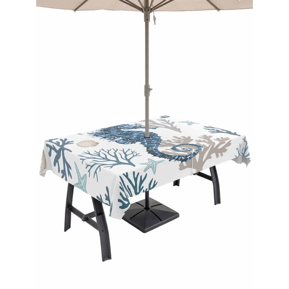 Outdoor Tablecloth with Umbrella Hole for Patio/Picnic/Party/Camping, Coastal Blue Seahorse Waterproof Table Cloth Rectangle Table Cover Washable, Summer Ocean Coral Beach Starfish (60"x 102")