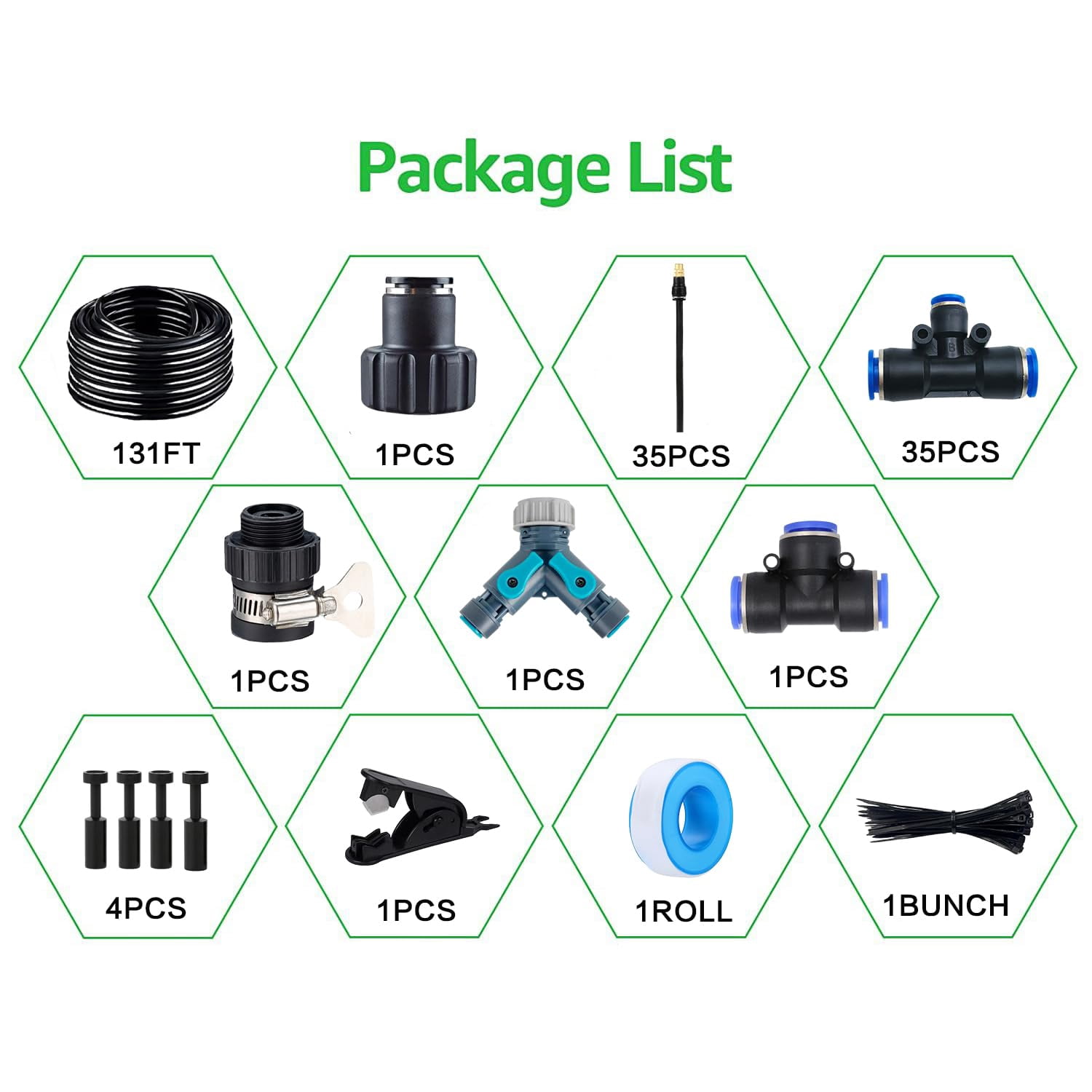 131ft Drip Irrigation Kit  Automatic Garden Watering System With Tool-free Quick Connectors 360° Bending Droppers & Copper Misting Nozzles For Greenhouse Patio Lawn Vegetable Garden. (40m)