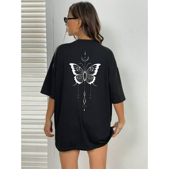 Butterfly Print Drop Shoulder Tee Graphic Tees Women Tops