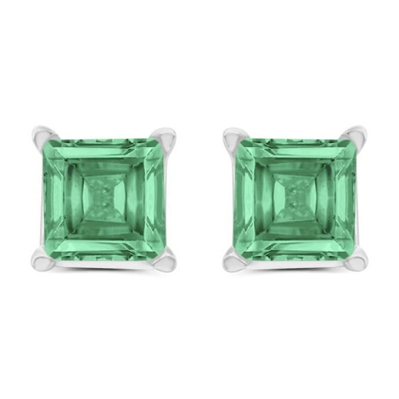 Square Shape Emerald Gemstone Stud Earrings in 14K White Gold - 4MM