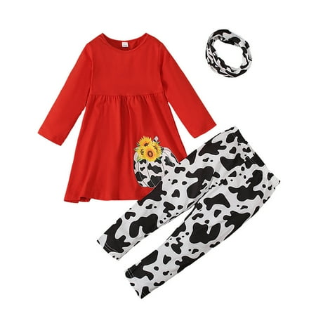 

TENSUNNYD Toddler Baby Girl Halloween Outfit Long Sleeve Pumpkin Ruffle Dress Top Cow Print Leggings With Headband 3 Pcs Clothes Set Toddler 3Y-4Y