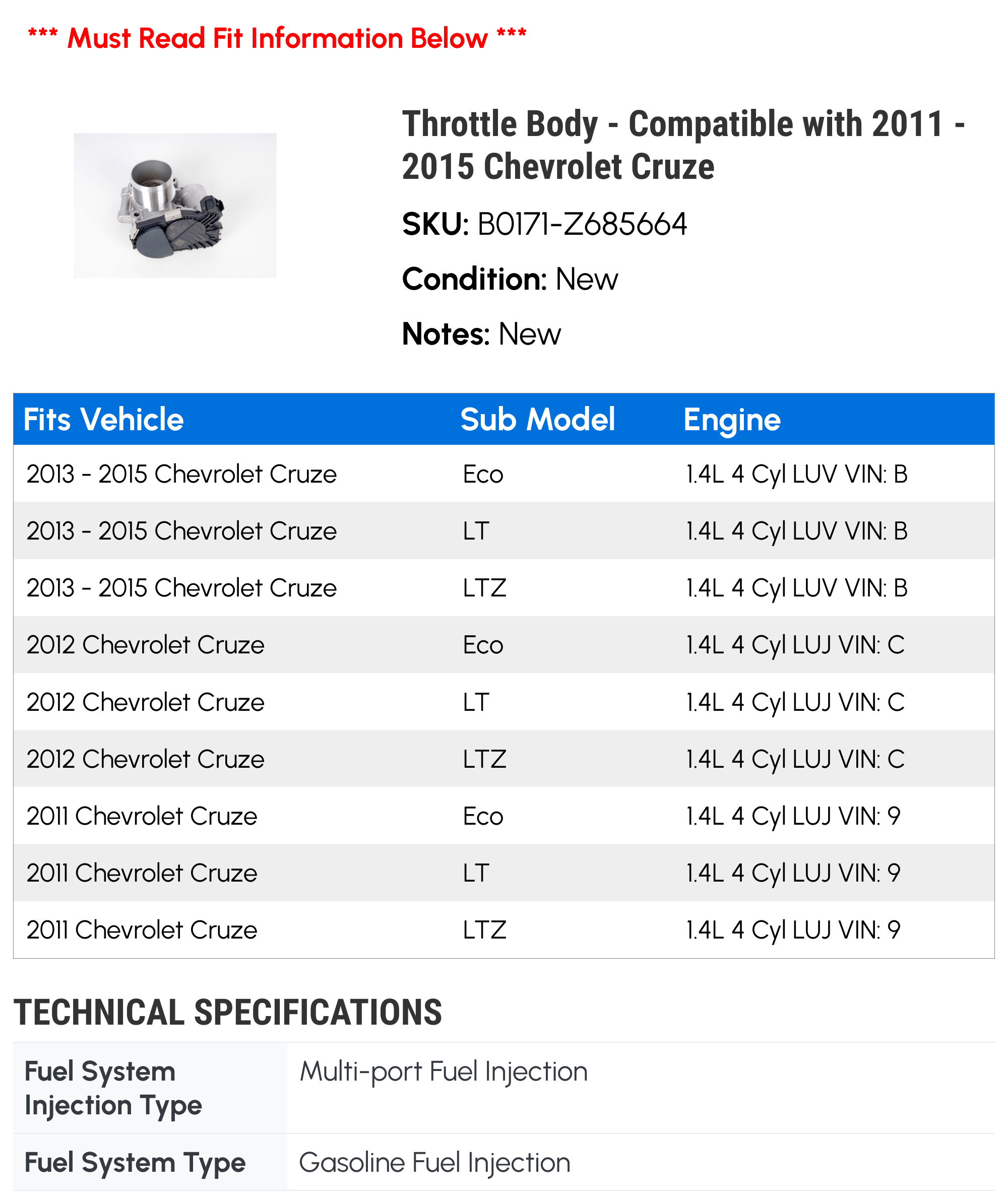 Throttle Body - Compatible with 2011 - 2015 Chevrolet Cruze - AC Delco