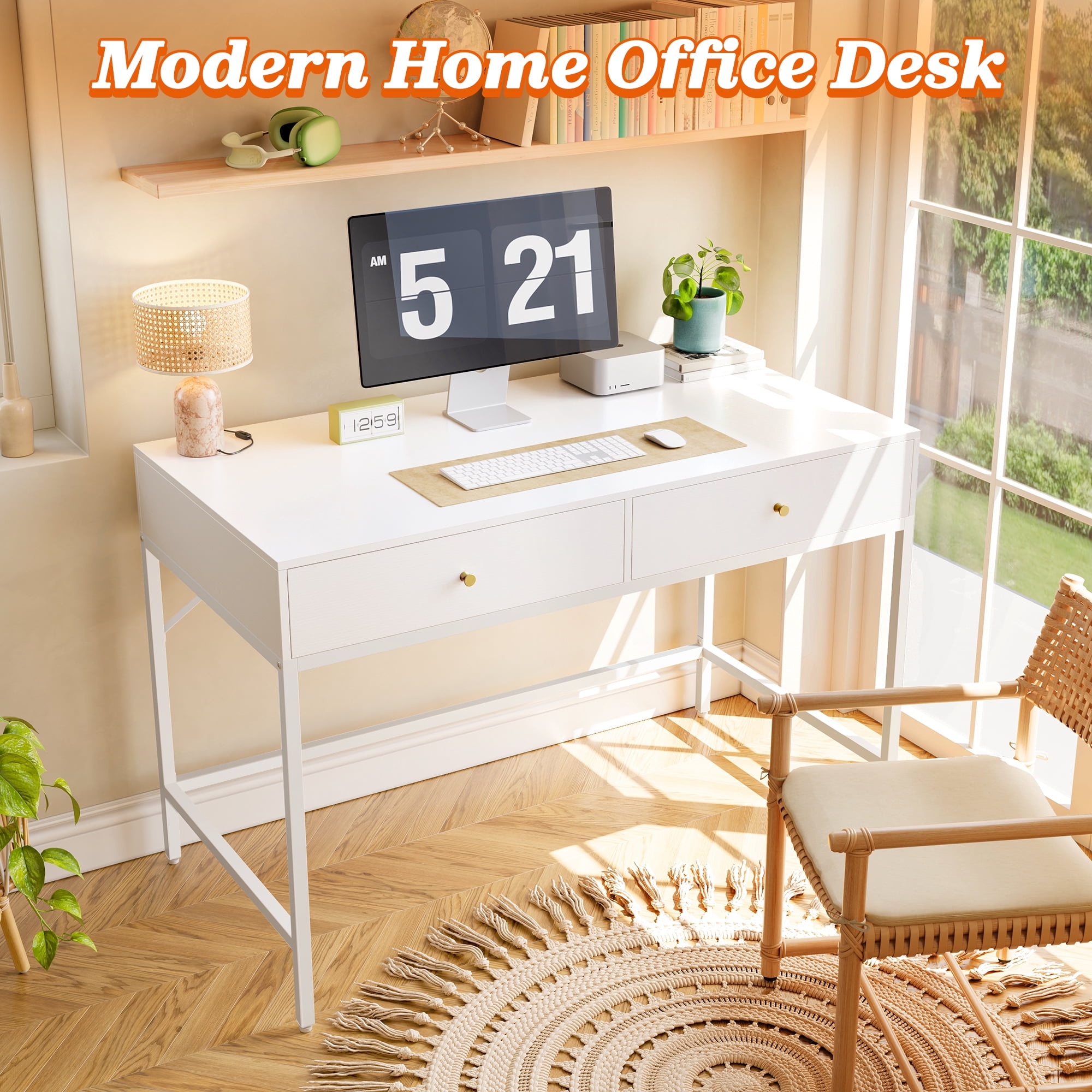Amadwell 39 Inch White Vanity Desk with 2 Drawers, Small Makeup Vanity Computer Desk for Bedroom