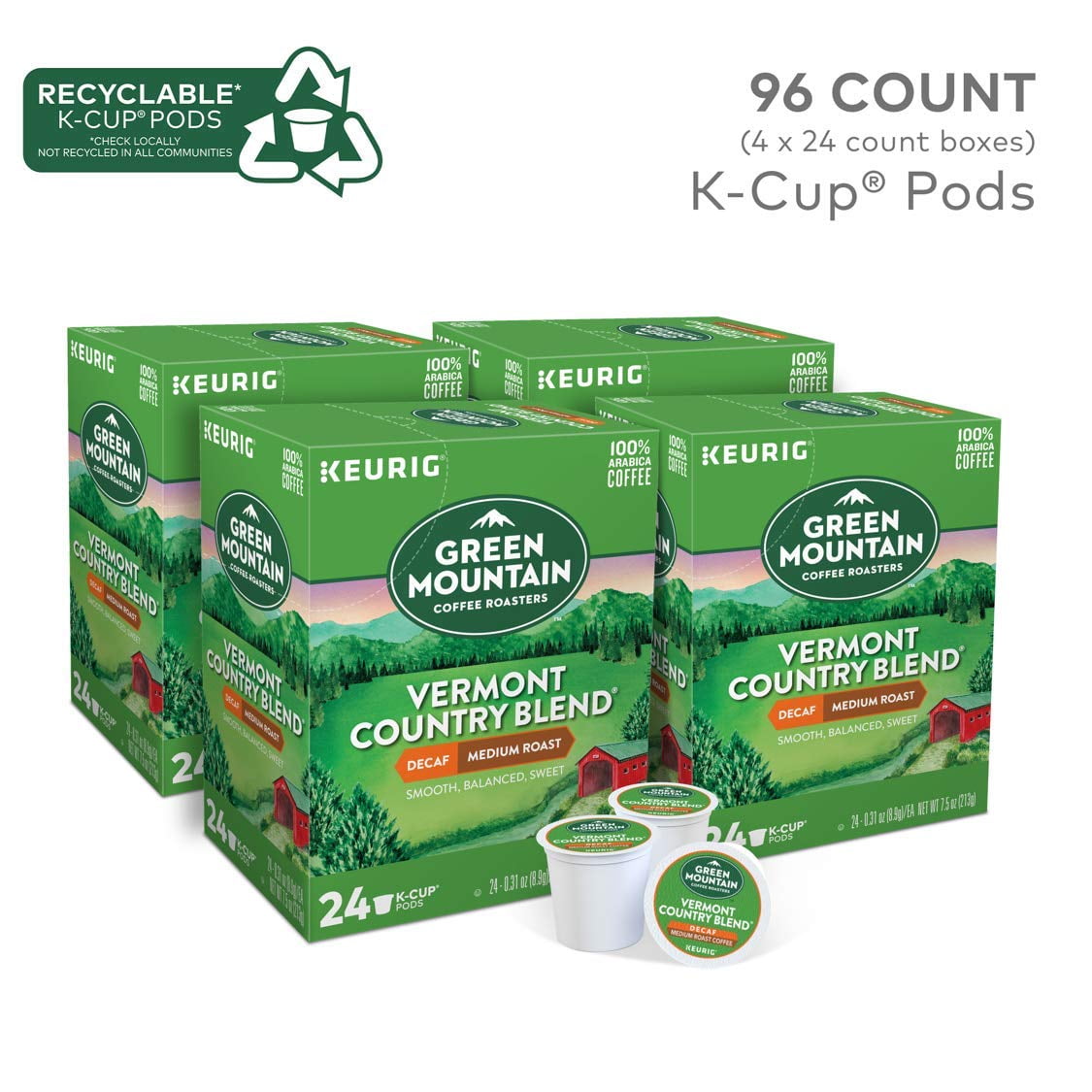 Green Mountain Coffee Vermont Country Blend Decaf Keurig Single-Serve K-Cup Pods, Medium Roast Coffee, 96 Count