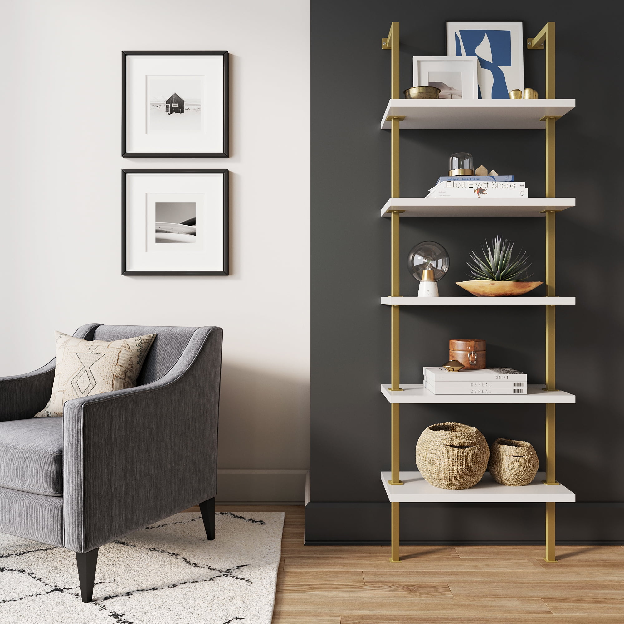 Nathan James Theo Industrial 5-Shelf Gold Ladder Bookcase with White Open Shelves and Brass Metal Frame