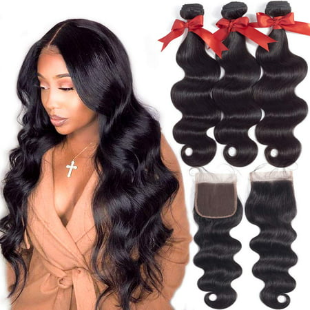 Brazilian Hair Body Wave Bundles with Closure (18 20 22+16 Inch) , 8A  Nature Black Unprocessed Human Hair Weave 3 Bundles with 4×4 Free Part Lace  Closure. | Walmart Canada