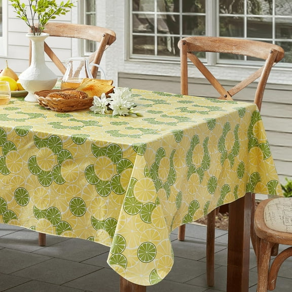 Newbridge Yellow Lemons and Green Limes 52 x 52 Inch Vinyl Square Tablecloth with Flannel Backing