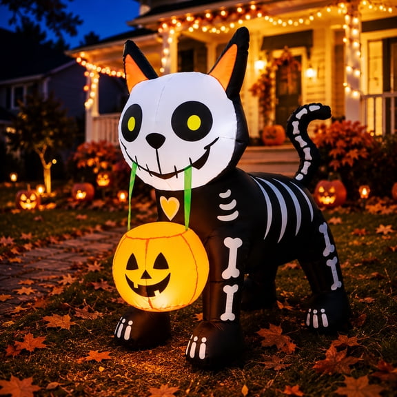 Toiyjofe 4FT Halloween Inflatable Skeleton Cat with Pumpkin Lantern, LED Lighted Outdoor Decoration for Porch, Yard, Garden, Walkway