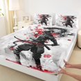 thumbnail image 3 of Manfei Ancient Tokyo Worrior Twin Sheet Sets for Boys, Japanese Samurai Twin Fitted Sheet, Grey Red Cherry Blossoms Flat Sheet, Breathable Home Decor, 3-Piece, 3 of 7