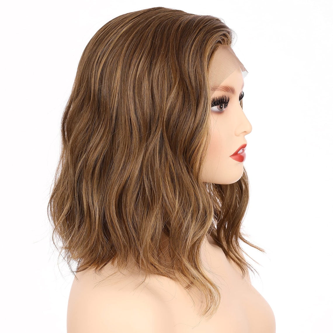 Onedor Shoulder Length Side Part Lace Front Short Wavy Hair Bob Wigs for Women (Light Brown Evenly Blended with Dark Natural Blonde)