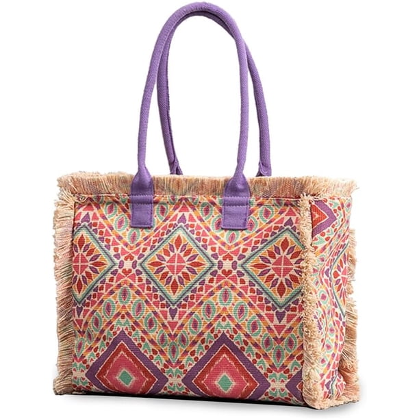 LHSHID Women Canvas Handbag Ethnic Style Tote Bag Retro Shoulder Bag with Tassels Summer Beach Bag Bohemian Top Handle Bag