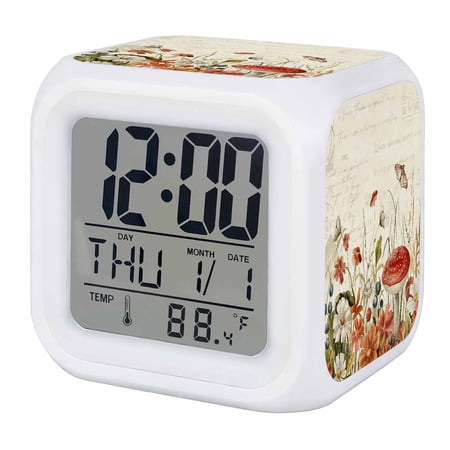 Vintage Spring Floral Digital Alarm Clock for Bedrooms, Smart LED Alarm Clock with 7 Color Changing Night Light, Summer Botanical Red Silent Wake Up Clocks for Sleep Study Cooking 3.2x3.2