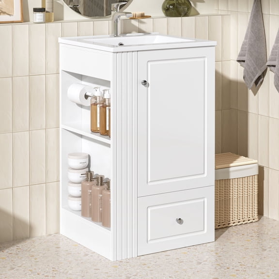 S-HOME 20" Freestanding Bathroom Vanity With Ceramic Sink, Soft-Close Drawer & Open Side Shelves For Compact Spaces