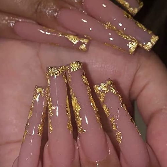 Press on Nails Long Coffin Fake Nails Nude False Nails with Golden Design Glossy Stick on Nails for Women 596