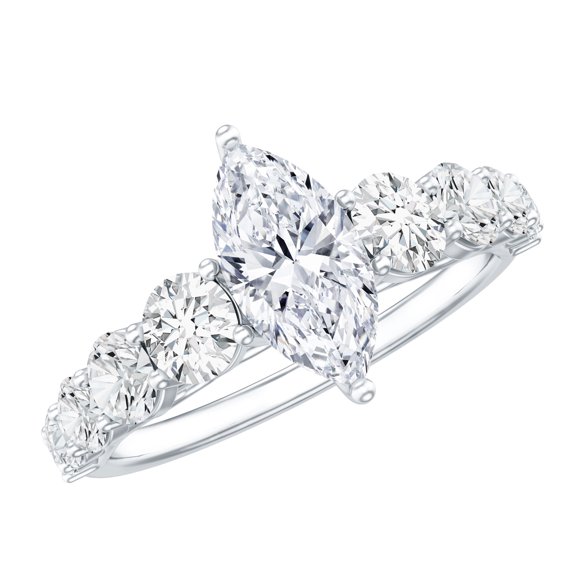 Rosec Jewels Lab Diamond Engagement Ring with Side Stones (1 Carat, 5X10 mm Marquise, EF-VS Quality), 925 Sterling Silver, US 4.00