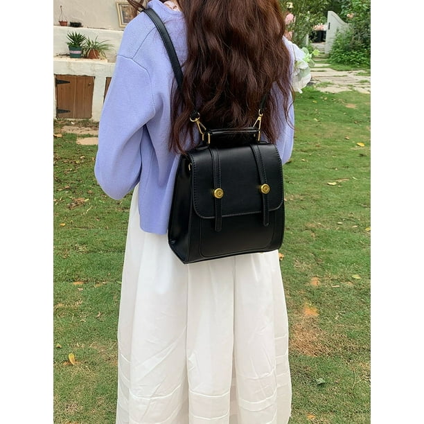 LHSHID Vintage women backpacks PU leather Female Shoulder Bag Multifunction Ladies backsmall totes hand bag DaySoftback black