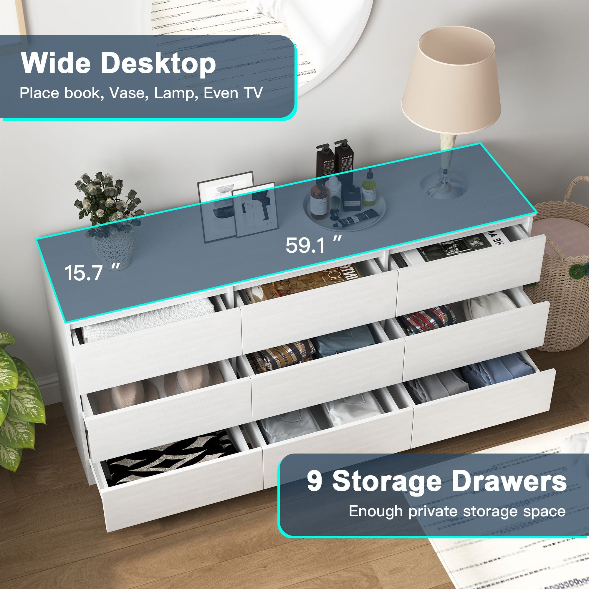 Finihen 9 Drawer Double Dresser, Modern 9 Chest of Drawers with Deep Drawers, Wide Storage Organizer Cabinet for Living Room, Kids, White Finihen 9 Drawer Double Dresser, Modern 9 Chest of Drawers with Deep Drawers, Wide Storage Organizer Cabinet for Living Room, Kids, White