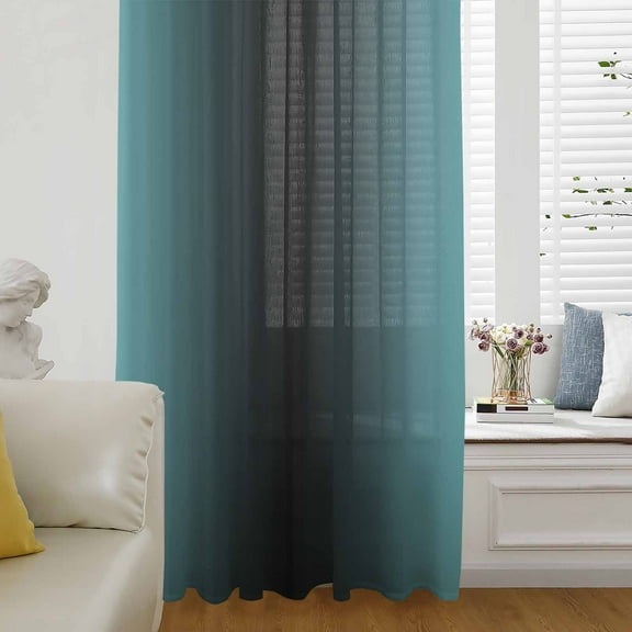 Teal Black Ombre Semi Sheer Curtains Drapes for Living Room, Bedroom, French Doors Window 108 Inches Long, Gradient Contemporary Abstract Art Rod Pocket Chiffon Curtain Drapery Voile Draperies Panel