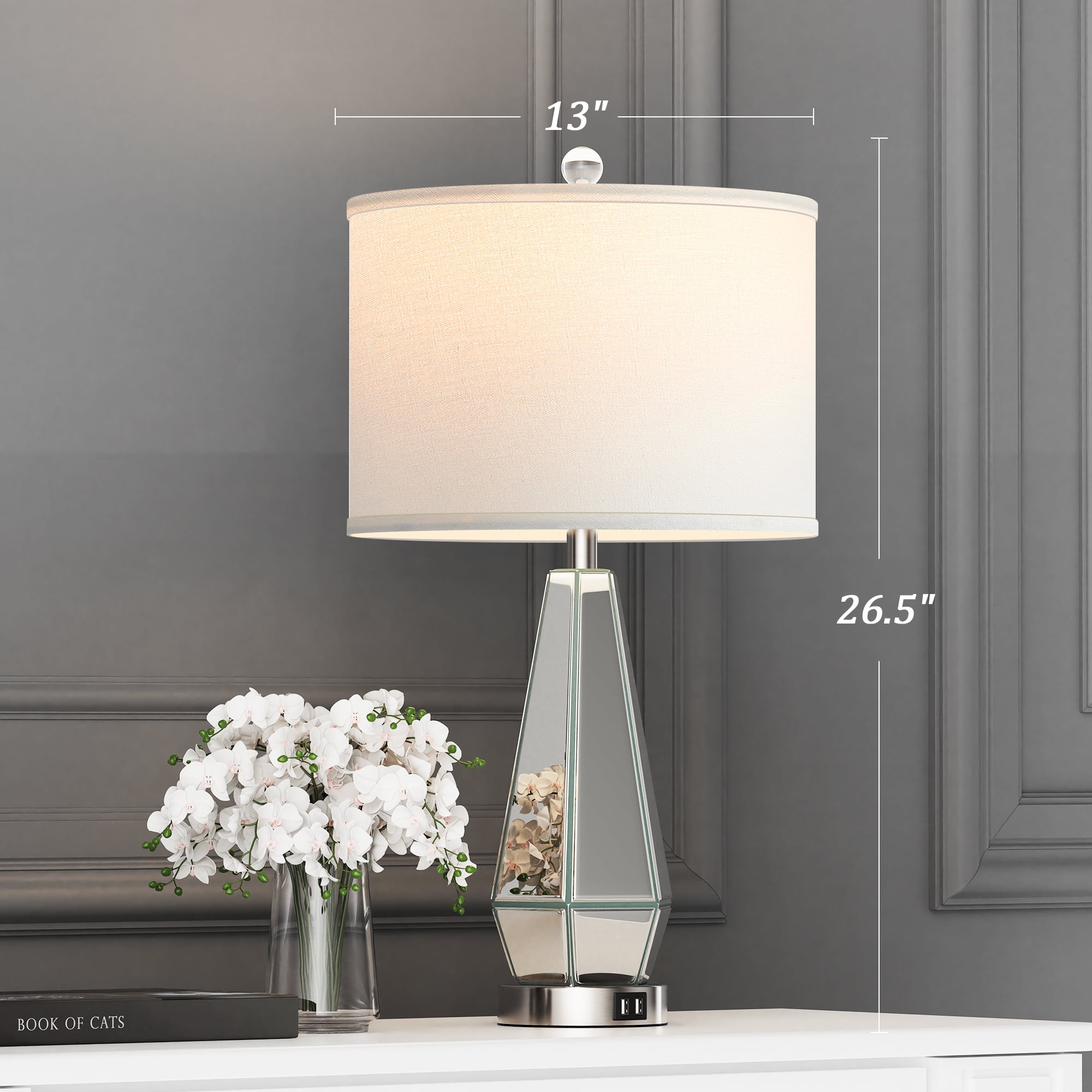 Set of 2 Mirrored Glass Bedside Table Lamps with 2 USB Ports for Bedrooms Modern Side Nightstand Lamps