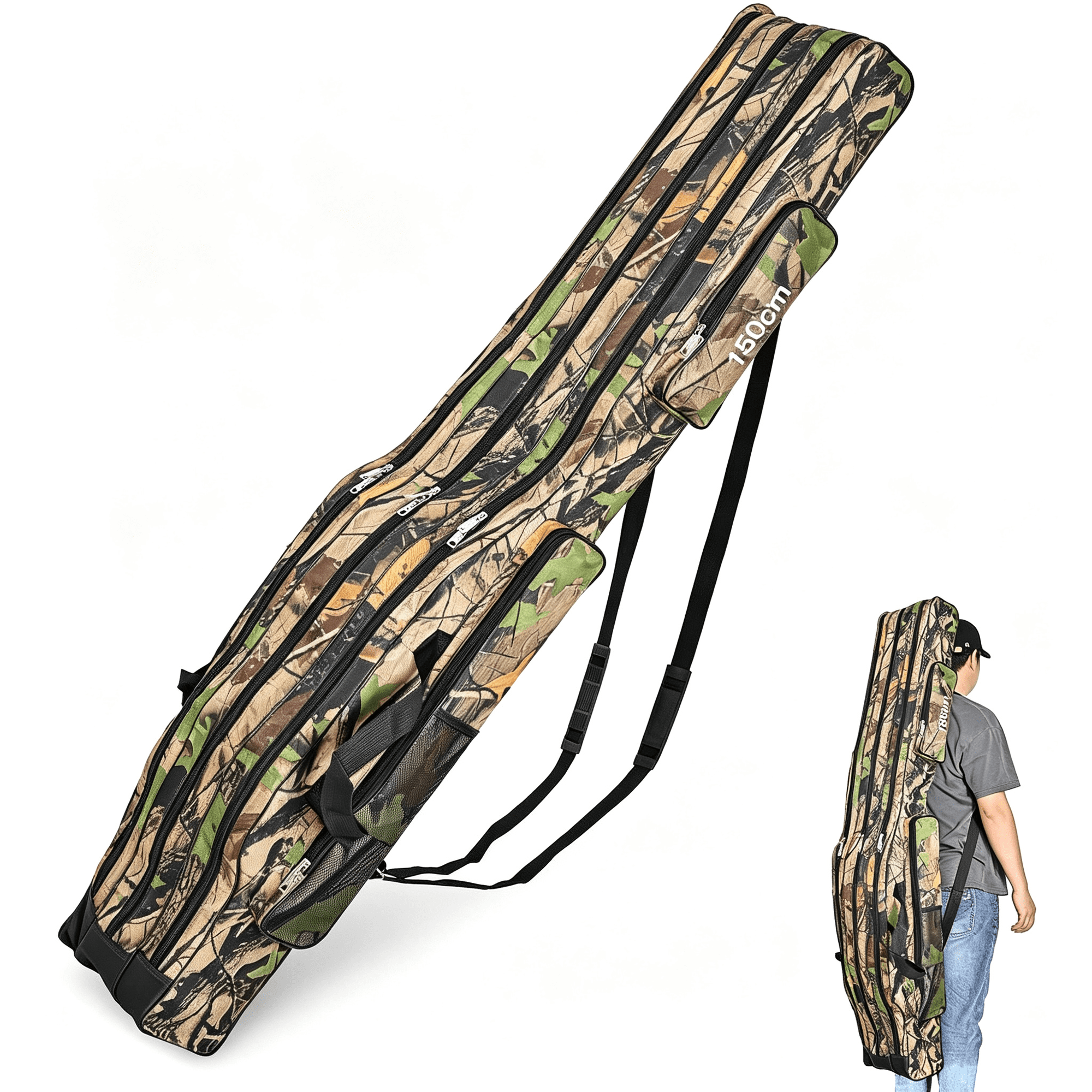 BESTSKY Portable 3 Layers Fishing Pole Bag Durable Oxford Folding Fishing Rod Reel Carry Case Tackle Storage Bag Case Waterproof Camouflage Travel Fishing Carrier (Yellow Camouflage 150cm/59in)